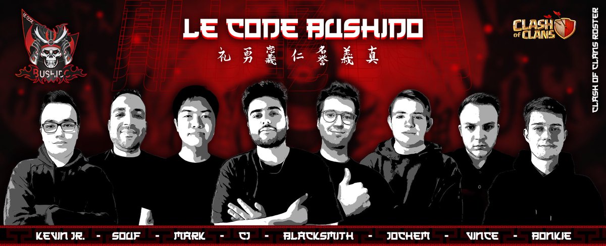 🎌🗡Introducing to you the new roster of <a href="/BushidoCOC/">Bushido</a> 

<a href="/souf_DL/">Souf</a> 🇫🇷 (c)
<a href="/blacksmithcoc/">BlackSmith</a> 🇧🇪
@CJ_Clash101 🇳🇴
@Bxnkie 🇳🇱
<a href="/JochemClash/">*Jochem*</a> 🇳🇱
<a href="/mrkclsh/">Mark</a> 🇵🇭
#Kevinjr 🇧🇪
#EgoVincam 🇳🇱
<a href="/benjaminbourd10/">Benzoes</a> 🇫🇷 (manager)

Follow us and <a href="/BushidoCOC/">Bushido</a> for a giveaway coming soon! #AllezLCB <a href="/CoCEsports/">Clash of Clans Esports</a>