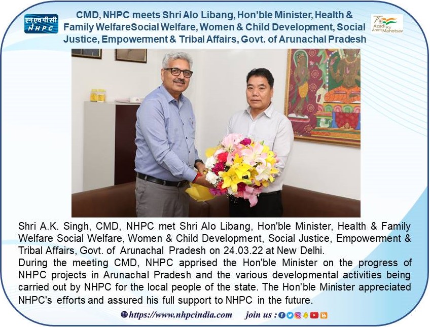 NHPC Limited (@nhpcltd) on Twitter photo CMD, NHPC meets Shri Alo Libang, Hon'ble Minister, Health & Family Welfare, Social Welfare, Women & Child Development, Social Justice, Empowerment & Tribal Affairs, Govt. of Arunachal Pradesh
#Hydropower #nhpclimited <a href="/AloLibang/">Alo Libang</a> CMD, NHPC meets Shri Alo Libang, Hon'ble Minister, Health & Family Welfare, Social Welfare, Women & Child Development, Social Justice, Empowerment & Tribal Affairs, Govt. of Arunachal Pradesh
#Hydropower #nhpclimited <a href="/AloLibang/">Alo Libang</a>