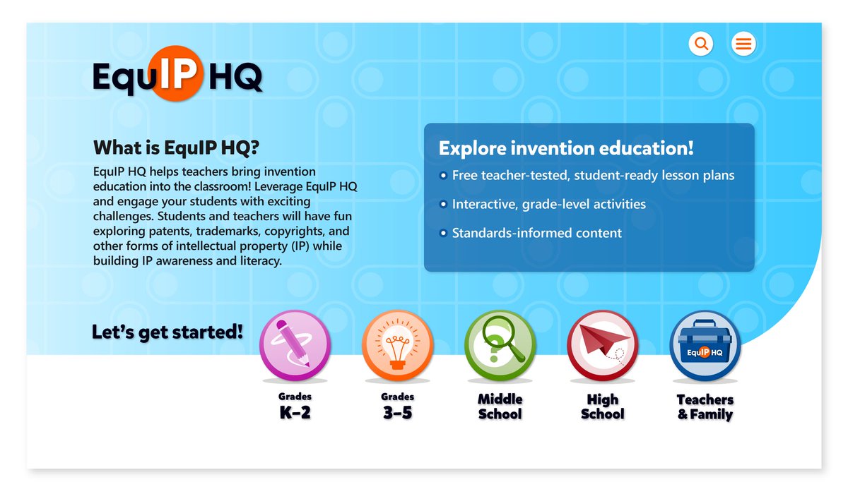 EquIP_HQ's tweet photo. Welcome to EquIP HQ, an all-new site to help teachers bring invention education to life in the classroom! Join us and explore new opportunities for hands-on learning! #EquIPHQ #InventionED @uspto https://t.co/jRL7ovl55P