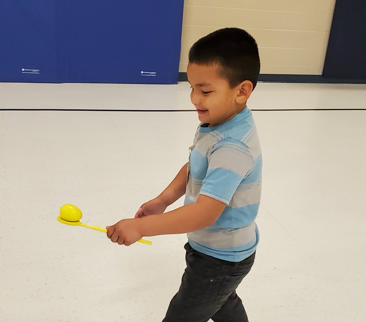 Balancing eggs in PE class. I'm glad they are made of wood! <a href="/emmaelem/">Emma Roberson Elementary School</a>