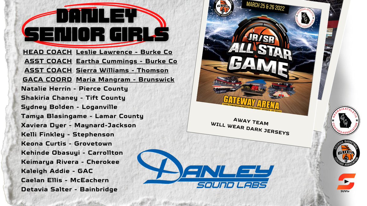 The <a href="/GACACoaches/">Georgia Athletic Coaches Association</a> / <a href="/GAcoaches/">GBCA</a> All-Star Games kick-off Sat., March 26th at <a href="/GatewayArena/">Gateway Center Arena @ College Park</a>! 

At 1 pm the Senior Girls game will begin! To view the <a href="/danleysoundlabs/">Danley Sound Labs</a> Senior Girls Team Roster go to bit.ly/3IGkffs

#GBCA #GACA #Basketball #allstarbasketball