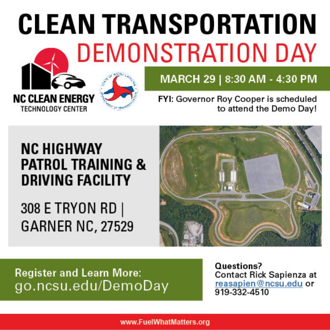NC CleanTech Center (@nccleantech) on Twitter photo NEXT WEEK: Join us and <a href="/RoyCooperNC/">Roy Cooper</a> for a free Clean Transportation Demonstration Day! Demo Days support EO 80 & 246 & provide hands-on experience with clean transportation technologies.
Register: go.ncsu.edu/demoday
Only open to government entities and utilities. NEXT WEEK: Join us and <a href="/RoyCooperNC/">Roy Cooper</a> for a free Clean Transportation Demonstration Day! Demo Days support EO 80 & 246 & provide hands-on experience with clean transportation technologies.
Register: go.ncsu.edu/demoday
Only open to government entities and utilities.