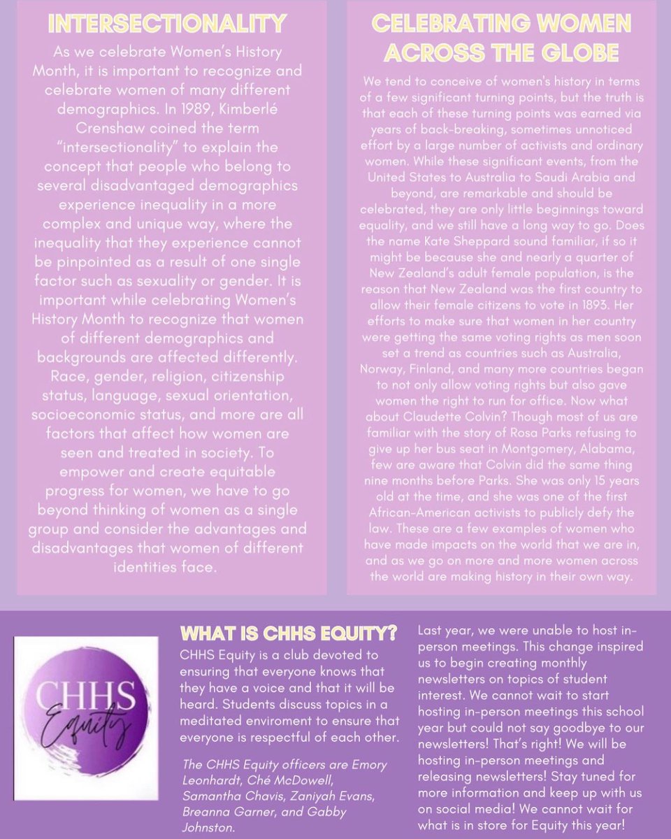 ChhsEquity's tweet photo. For the March edition of In the Loop, we honor Women’s History Month! We hope you enjoy reading it as much as we enjoyed writing, researching, and designing it! https://t.co/UNvQg6iMMa