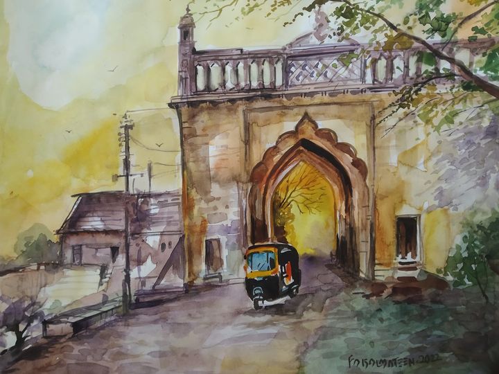 An auto-rickshaw passes through one of the gates of Shahjehanabad in Bhopal. Bhopal's Shahjehanabad was at its zenith during the reign of Nawab Shahjehan Begam. Painting by Faisal Mateen.
#Bhopal #Architecture #History #Heritage #MadhyaPradesh
