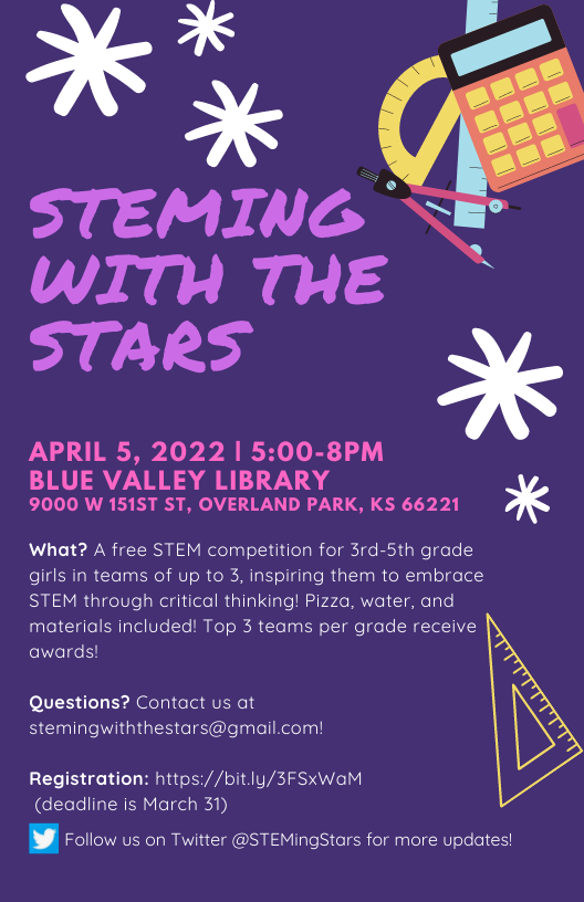 Get ready for the 1st annual STEMing with the Stars! In this fun competition, 3rd, 4th, &amp; 5th grade girls will be challenged in their knowledge of various types of math before being treated to a pizza! Register now before March 31: bit.ly/3FSxWaM