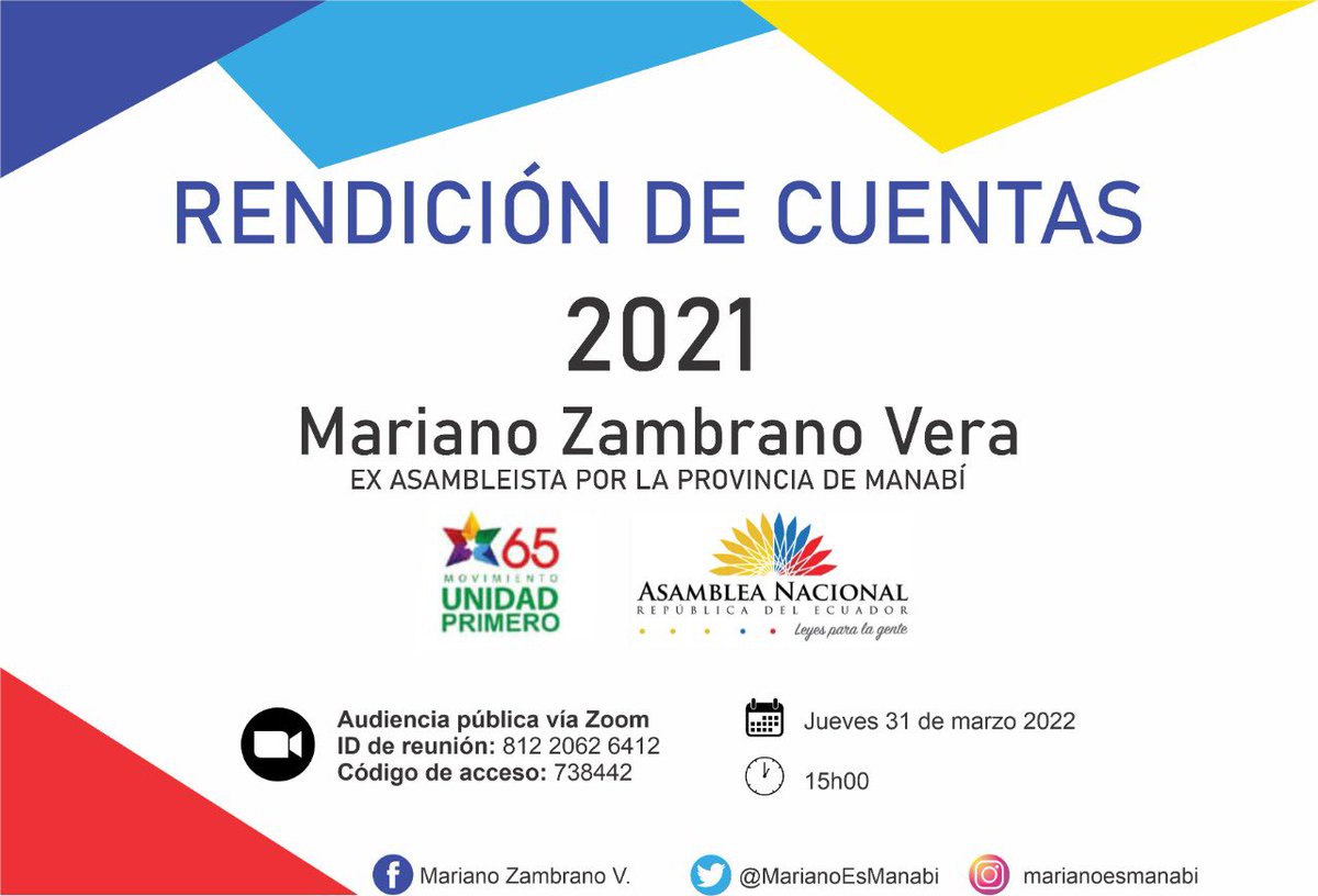 🆕
 Rendición de Cuentas periodo
enero-mayo 2021

📅
Jueves 31 de marzo de 2022

⏰
 15H00 Ecuador
 
¡Te esperamos!