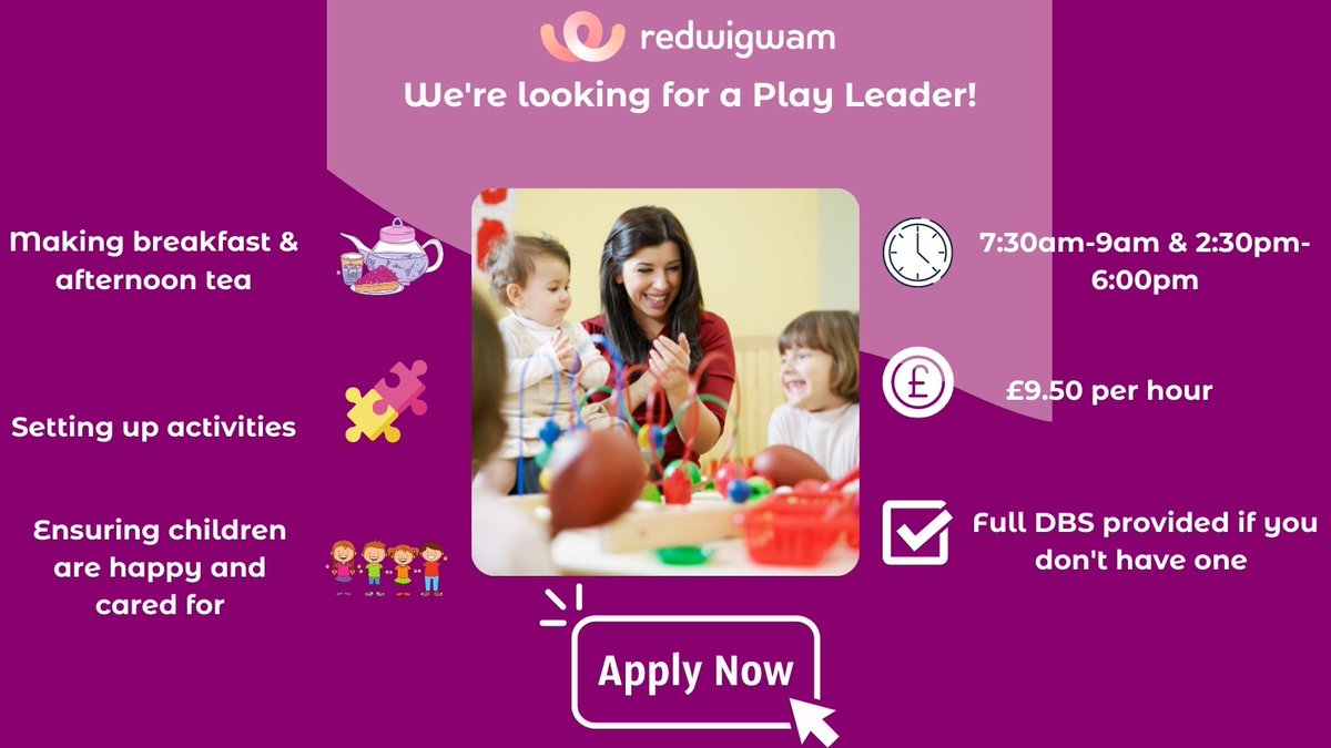 redwigwam's tweet photo. We're looking for a #PlayLeader in #Reading. ๐งฉ
For more information, click here & apply now >>> https://t.co/fypIlihKhm
#Hiring #Vacancies #redwigwam #FlexibleWorking #ReadingJobs https://t.co/RBUqPCpt7D