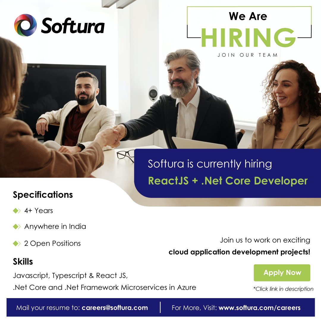 Softura's tweet image. We are looking for passionate Software Developers experienced in ReactJS and .NET Core. We welcome you to join us to make a difference and delight our customers.
Apply Now: softura.com/reactjs-dotnet…
#hiringalert #hiring #dotnetcoredeveloper #dotnetdeveloper #jobs #azure