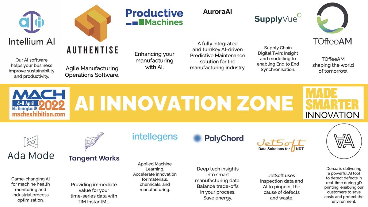 Aerospace Xelerated (@aeroxelerated) on Twitter photo So amazing to see #AerospaceXelerated portfolio companies - <a href="/authentise/">Authentise</a> <a href="/ProductiveMachi/">ProductiveMachines</a> @intellegensai @TOffeeAm - presenting at <a href="/MACHexhibition/">MACH Exhibition</a> in April🤩 Catch them at the #AI #Innovation zone.
<a href="/mta_uk/">Manufacturing Technologies Association (MTA)</a> <a href="/MadeSmarterUK/">MadeSmarterUK</a> So amazing to see #AerospaceXelerated portfolio companies - <a href="/authentise/">Authentise</a> <a href="/ProductiveMachi/">ProductiveMachines</a> @intellegensai @TOffeeAm - presenting at <a href="/MACHexhibition/">MACH Exhibition</a> in April🤩 Catch them at the #AI #Innovation zone.
<a href="/mta_uk/">Manufacturing Technologies Association (MTA)</a> <a href="/MadeSmarterUK/">MadeSmarterUK</a>