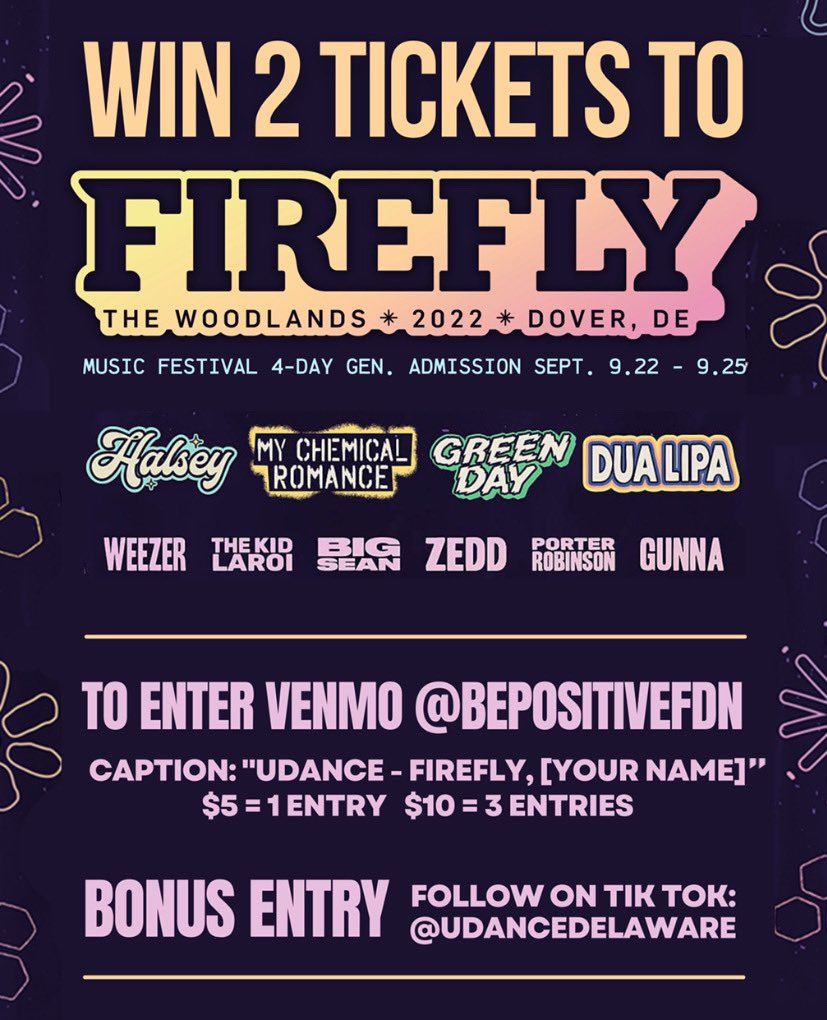 UDance (@udance) on Twitter photo ‼️🧚🏻♀️ WIN TWO, 4 DAY PASSES TO FIREFLY 2022! 🧚🏻♀️‼️ 24 HOUR GIVEAWAY!
VENMO @bepositivefdn “UDance- Firefly, (Your Name)” $5 for one entry, $10 for 3. Until 11:59PM tonight.
<a href="/LiveAtFirefly/">Firefly Festival</a> ‼️🧚🏻♀️ WIN TWO, 4 DAY PASSES TO FIREFLY 2022! 🧚🏻♀️‼️ 24 HOUR GIVEAWAY!
VENMO @bepositivefdn “UDance- Firefly, (Your Name)” $5 for one entry, $10 for 3. Until 11:59PM tonight.
<a href="/LiveAtFirefly/">Firefly Festival</a>