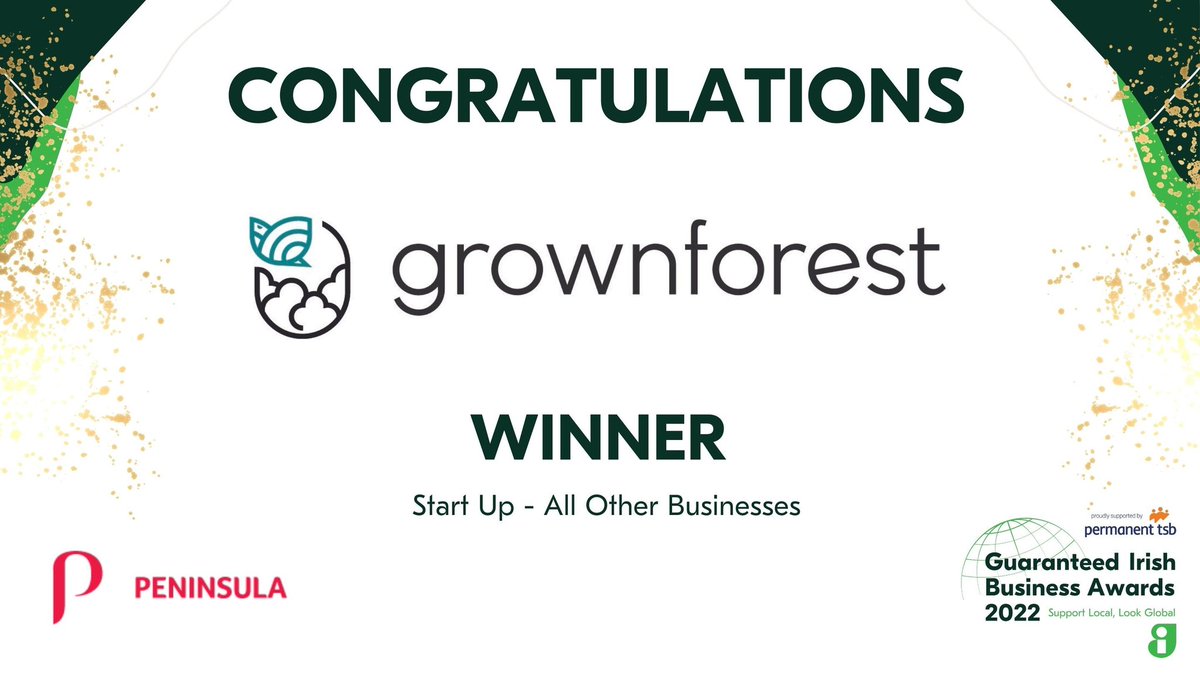 Congratulations <a href="/GrownForest/">GROWN Forest</a> Winner of Start Up Award sponsored by @ViatelEurope &amp; <a href="/peninsula_ie/">Peninsula Ireland</a> at #GuaranteedIrishBusinessAwards proudly supported by @permanenttsb. Grown Forest is a joined-up collection of land sweeps all over Ireland used for reforestation.