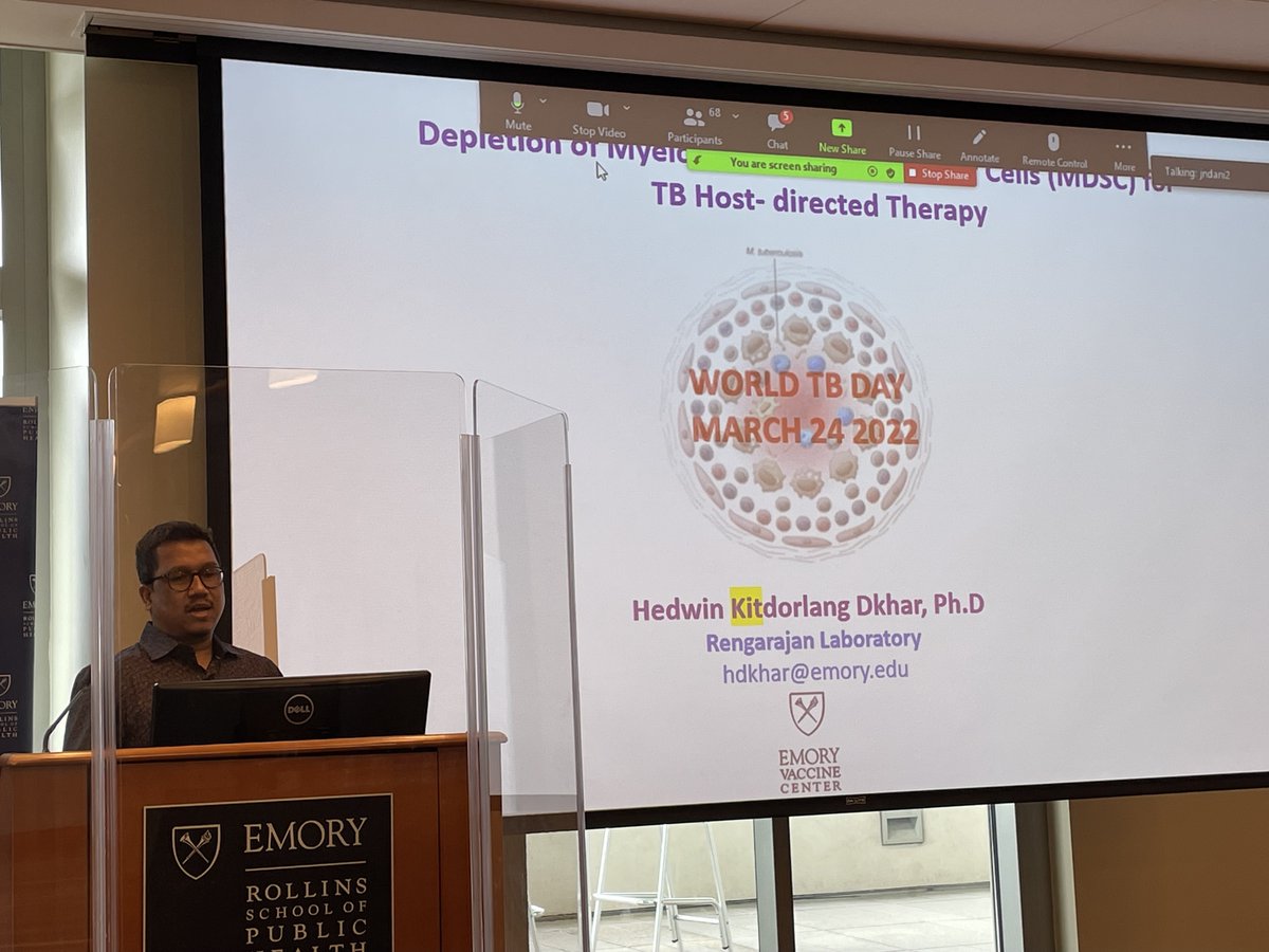 Very interesting summary of the role of myeloid-derived suppressor cells in TB disease and future prospects for host-directed therapies presented by Dr. Kit Dkhar from the @RengarajanLab at the <a href="/Emory_TB_Center/">Emory/Georgia TB Research Advancement Center-TRAC</a> #WorldTBDay symposium.
