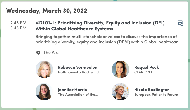 Thrilled to be facilitating this #DIAEurope2022 session on a topic very close to my ♥️: Diversity, Equity & Inclusion. Attending virtually or in-person? Be sure to join our debate & hear from trailblazing ladies who need no introduction! See you in Brussels #humanisinghealthcare