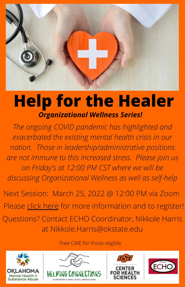 Join us tomorrow 3/25 at noon to discuss Organizational Wellness and self-care!  For more information or to register, please visit:  medicine.okstate.edu/echo/help-for-…
