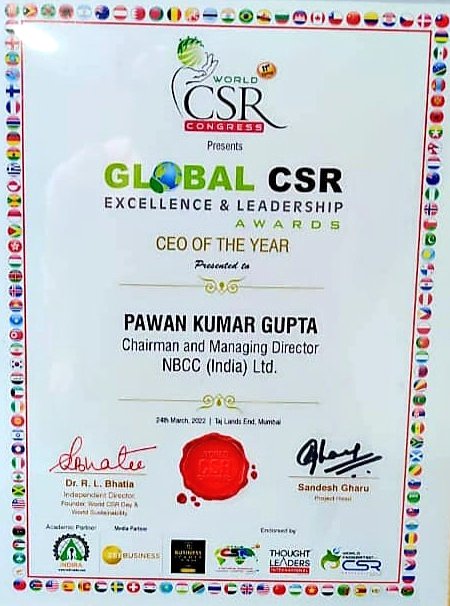 NBCC (India) Limited (@officialnbcc) on Twitter photo Sh. PK Gupta, CMD, #NBCC has been conferred with 'CEO of The Year' #award 🏆 during a glittering ceremony organized by ‘Global CSR Awards in Excellence & Leadership' at <a href="/TajLandsEnd/">Taj Lands End</a> , Mumbai on March 24, 2022.
#awardwinning
<a href="/PMOIndia/">PMO India</a> <a href="/MoHUA_India/">Ministry of Housing and Urban Affairs</a> <a href="/HardeepSPuri/">Hardeep Singh Puri</a> <a href="/Secretary_MoHUA/">Srinivas Katikithala</a> Sh. PK Gupta, CMD, #NBCC has been conferred with 'CEO of The Year' #award 🏆 during a glittering ceremony organized by ‘Global CSR Awards in Excellence & Leadership' at <a href="/TajLandsEnd/">Taj Lands End</a> , Mumbai on March 24, 2022.
#awardwinning
<a href="/PMOIndia/">PMO India</a> <a href="/MoHUA_India/">Ministry of Housing and Urban Affairs</a> <a href="/HardeepSPuri/">Hardeep Singh Puri</a> <a href="/Secretary_MoHUA/">Srinivas Katikithala</a>
