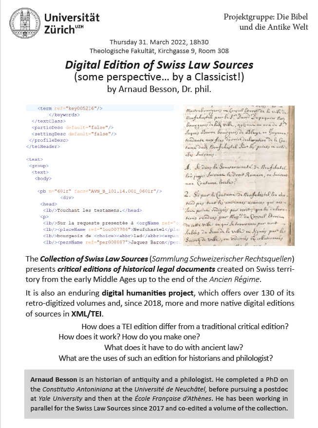 Am Donnerstag, 31. März 2022, 18.30 Uhr, Theologische Fakultät, Kirchgasse 9, Zürich: Dr. Arnaud Besson stellt SSRQ online vor.