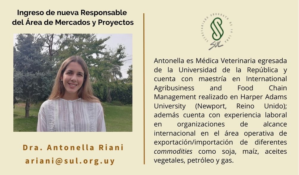 SUL_uy's tweet photo. 👉 Ingreso de Antonella Riani a SUL como referente del Área de Mercados y Proyectos. #mercadosul https://t.co/mh0oL503w0