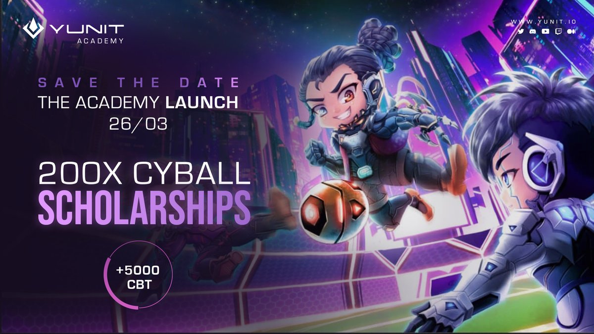 We have a launching date for the #YunitAcademy!👨🏽‍🎓👩🏽‍🎓
We will be live on 26/03, in TWO days, with 200 #CyBallScholarship ready!

We have a SURPRISE for you, we will host a giveaway of 5000 $CBT to 10 people (500 each) if this post gets 1k RT's and 1k Likes before the 26th!💜