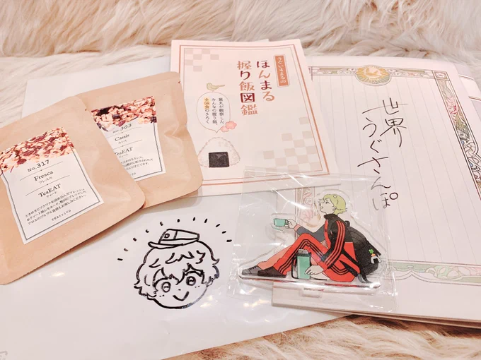 radenさんが描いてくれたおめめくりくりの秋田くん🤦‍♂️💕うぐがいっぱいの新刊も無配もアクスタもどれもほっこり可愛くって癒やし効果抜群。 
