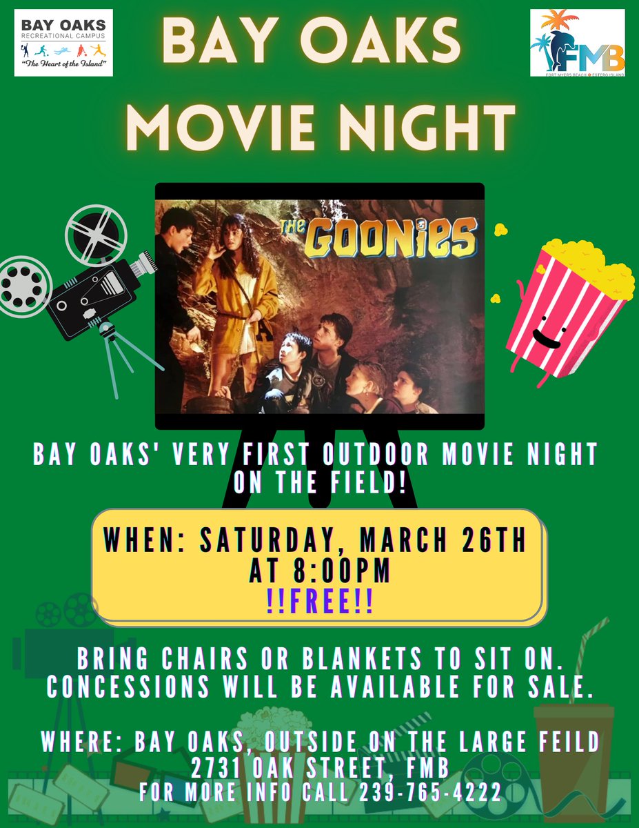 TownofFMB's tweet photo. This Saturday Night! Bring the whole family! Concessions will be available for sale, with all proceeds supporting Bay Oaks' programs and Kona Ice of Fort Myers will be there! #FMBeHere #BayOaksRecreationalCampus https://t.co/CDsBaizlSc