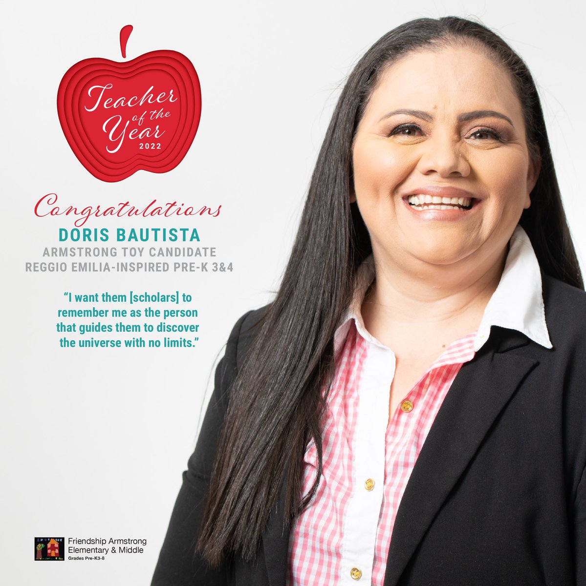 FriendshipPCS's tweet photo. Doris Bautista believes in preparing children for the world at an early age because it shapes their little minds to succeed and dream BIG! ❤️
Kudos to your excellence in teaching and congratulations on your Teacher of the Year nomination, Ms. Bautista!
@fpcsarmstrong
#FPCSTOY https://t.co/SdpEllDz7W