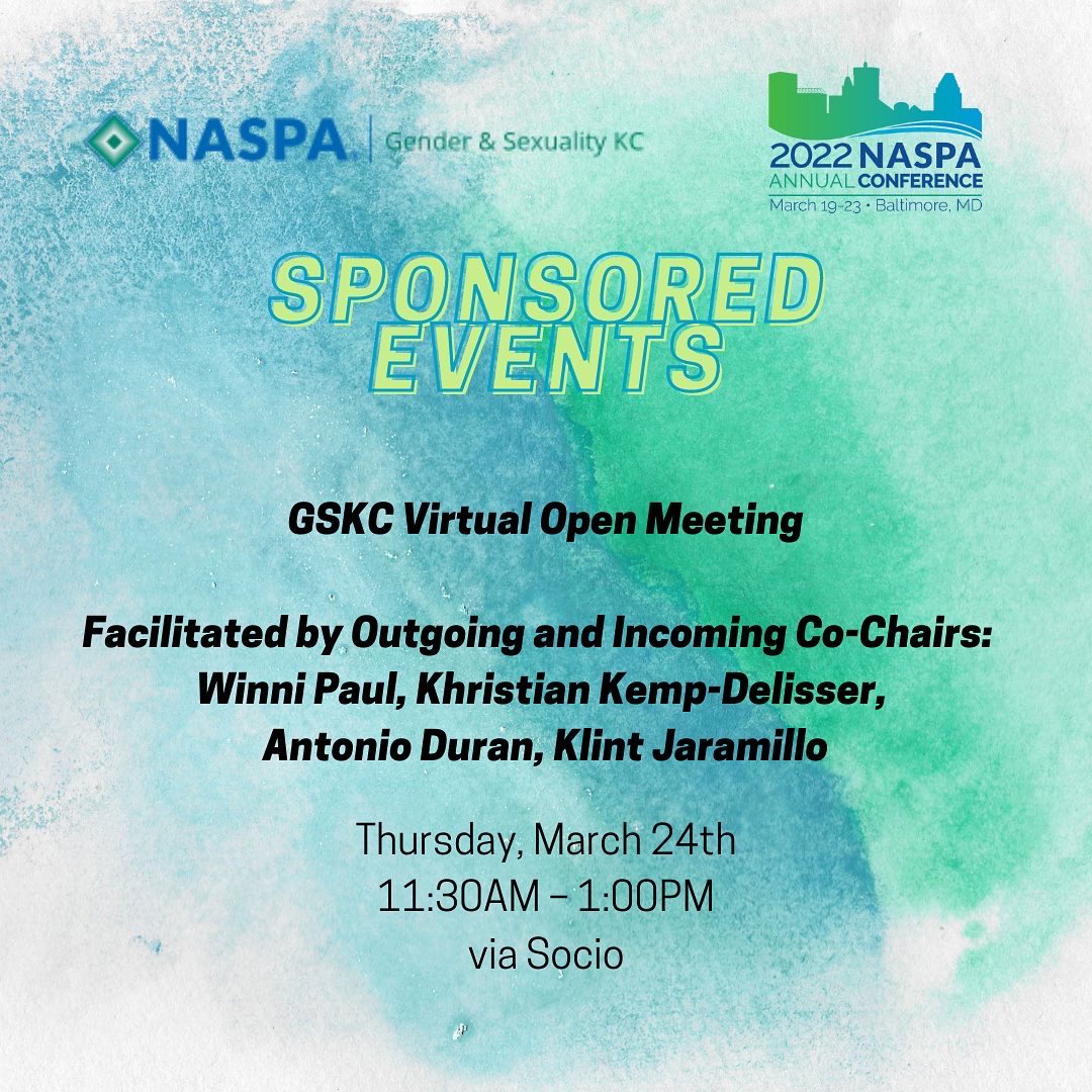 naspaGSKC's tweet photo. Looking forward to seeing people today at our Open Business Meeting! Come and learn the different ways that you can get involved with our knowledge community (spoiler: it's a lot!). Time: 1130am-1pm EST via the NASPA Socio App. All are welcome! https://t.co/f3X3BKGQa9