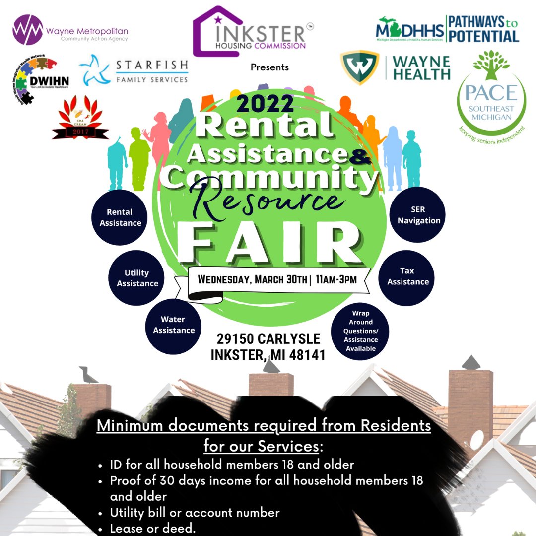 WayneMetroCAA's tweet photo. On Wed. March 30, all Wayne County residents are invited to the 2022 Rental Assistance Community Resource Fair! Residents will be able to receive rent, tax, &amp; utility assistance. Health screenings and vaccine distribution available on-site!

See flyer for requirements &amp; location. https://t.co/cXzuDqdk9f