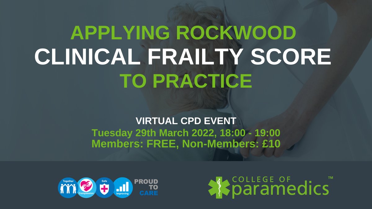 ParamedicsUK's tweet photo. A special event with the National Frailty Academyโs training team providing insight into the CFS and applying the tool highlighting key learning points, to develop awareness and improve assessment skills.
Register here ๐ https://t.co/9IYvPZ8TnZ
#ParaCPD #ParamedicsUK https://t.co/WvGQl0b242