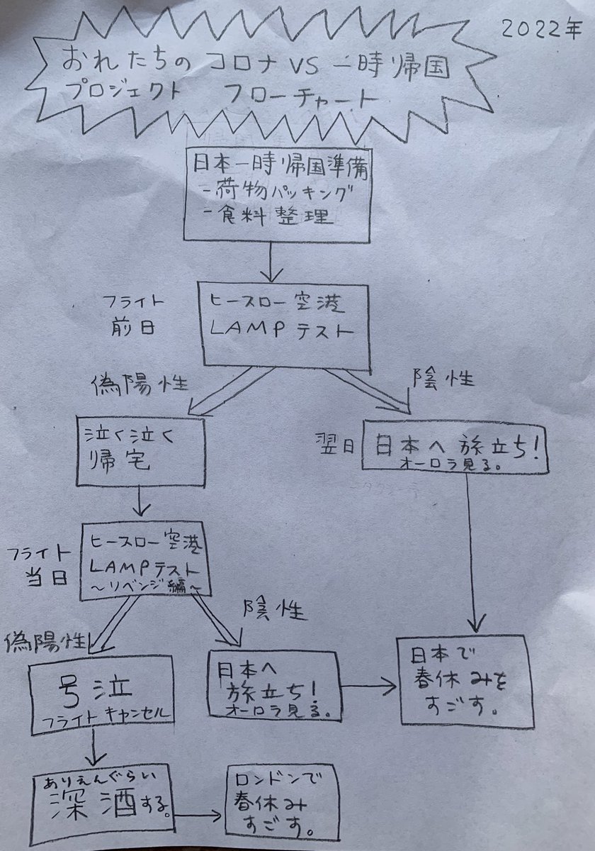 ざわつく心を落ち着かせるために、近日中に勃発するイベントのフローチャートを作ってみた。(手書き) 