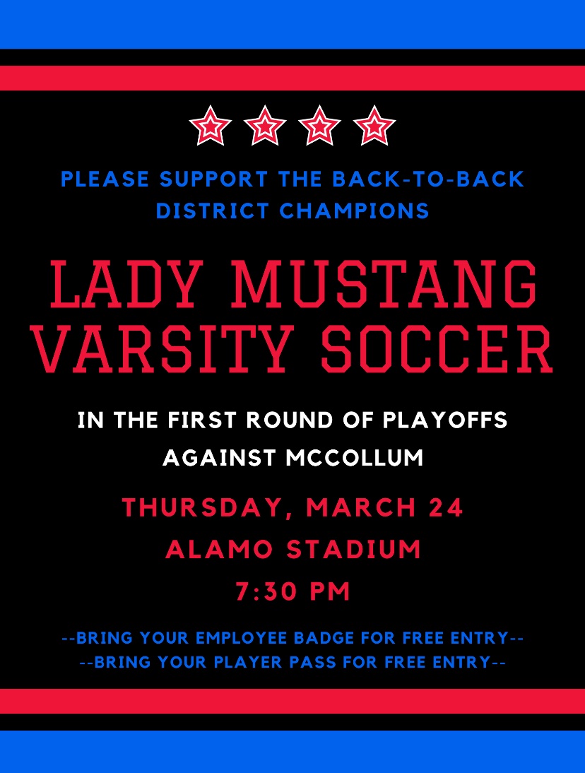 ib_jefferson's tweet photo. Good luck to our Lady Mustang soccer team as they begin their playoff run tonight! ❤️⚽️💙 https://t.co/POzXiaA2Dj