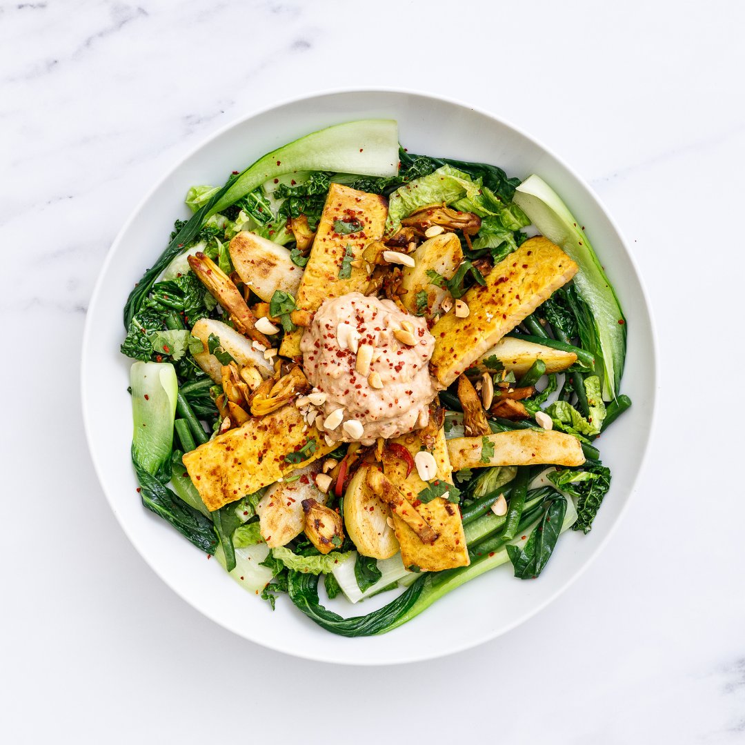 You can’t beat this baked tempeh in a zingy spiced marinade, with potato and pak choi salad in a rich satay sauce. We love the taste of pak choy which also happens to be an excellent source of calcium, an essential nutrient required for the maintenance of healthy bones.