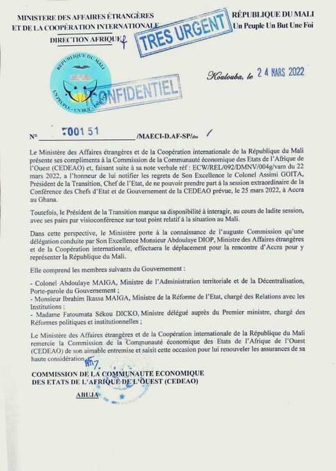 Mali/ Le Colonel Goïta va-t-il se rendre à Accra demain ? la lettre qui dit tout