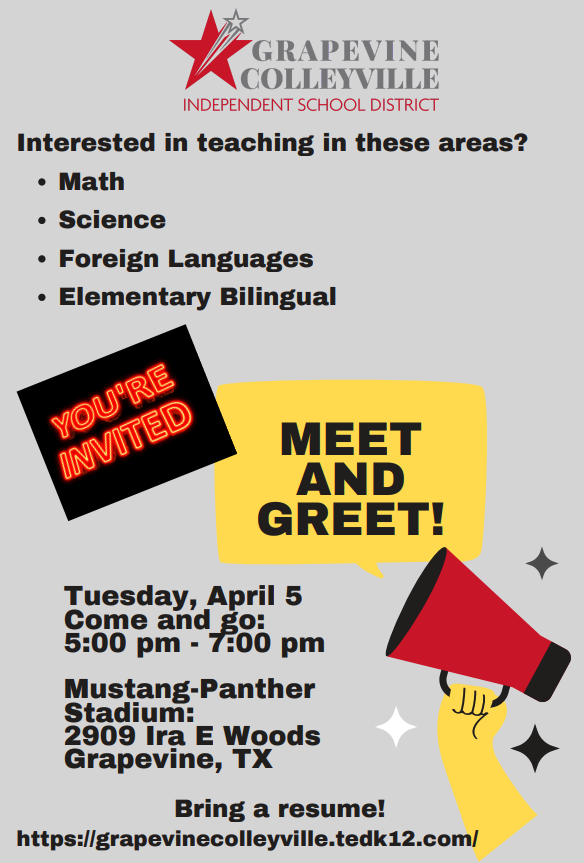 GCISD's tweet photo. Calling all potential Math, Science, Foreign Language, or Elementary Bilingual teachers!!!

You're invited to a Meet and Greet on April 5 to learn more about GCISD! Check the graphic for more details! https://t.co/EiaHWBinVW