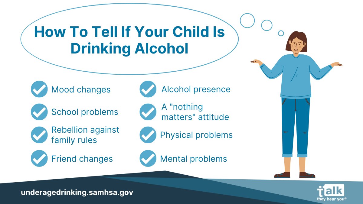 samhsagov's tweet image. It's never too late to start talking with your kids about the dangers ⚠️ of alcohol and other drugs.

If you think your child may be drinking, visit #TalkTheyHearYou to learn more about the warning signs and how you can find help ➡️ 
fal.cn/3ndyU #NDAFW