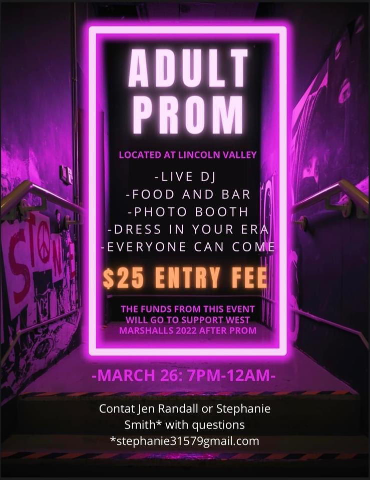 WMFreeEnt's tweet image. Have fun at the Adult Prom on March 26 and help support West Marshall’s After Prom! We will be selling koozies around 9-10pm. Can’t wait to see you there!