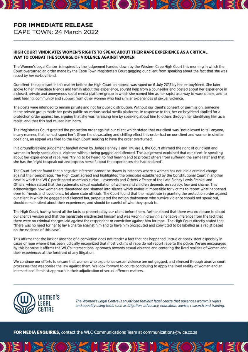 The WLC is inspired by the judgement handed down by the Western Cape High Court this morning in which the Court overturned an order made by the Cape Town Magistrate’s Court gagging our client from speaking about being raped by her ex-boyfriend: bit.ly/3NbSH54