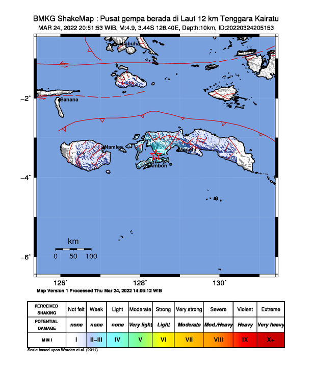 infoBMKG's tweet photo. #Gempa Mag:4.9, 24-Mar-22 20:51:53 WIB, Lok:3.44 LS, 128.40 BT (Pusat gempa berada di Laut 12 km Tenggara Kairatu), Kedlmn:10 Km Dirasakan (MMI) IV Kairatu, III Ambon #BMKG https://t.co/v3iupIh4g8