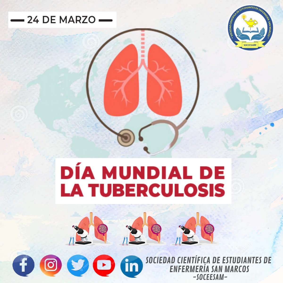 soceesam's tweet photo. 🗓️ 24 de Marzo: ✨Día Mundial de la Tuberculosis 🫁

La tuberculosis es una enfermedad infecciosa que suele afectar a los pulmones, se transmite de una persona a otra a través de gotitas de aerosol suspendidas en el aire expulasadas por personas con enfermedad pulmonar activa. https://t.co/PJGwhnodMw