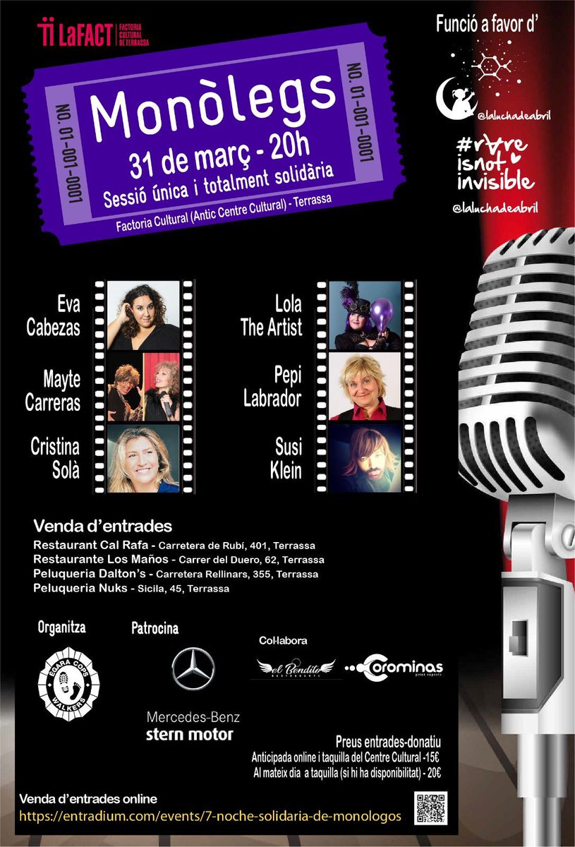 💜‼️CARTELAZO‼️💜 
Para el próximo 31 de marzo a las 20h en lafact cultural (antiguo Centre Cultural) de Terrassa, monólogos en femenino en beneficio de La lucha de Abril 😍🥰
entradium.com/events/7-noche…