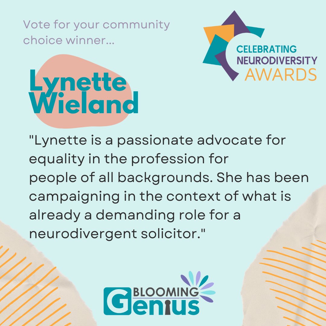 We wish our Associate, Lynette Wieland the best of luck at the @geniuswithinCIC's #CelebratingNeurodiversityAwards tonight after being shortlisted for the #Community Choice Award.  #neurodiversity