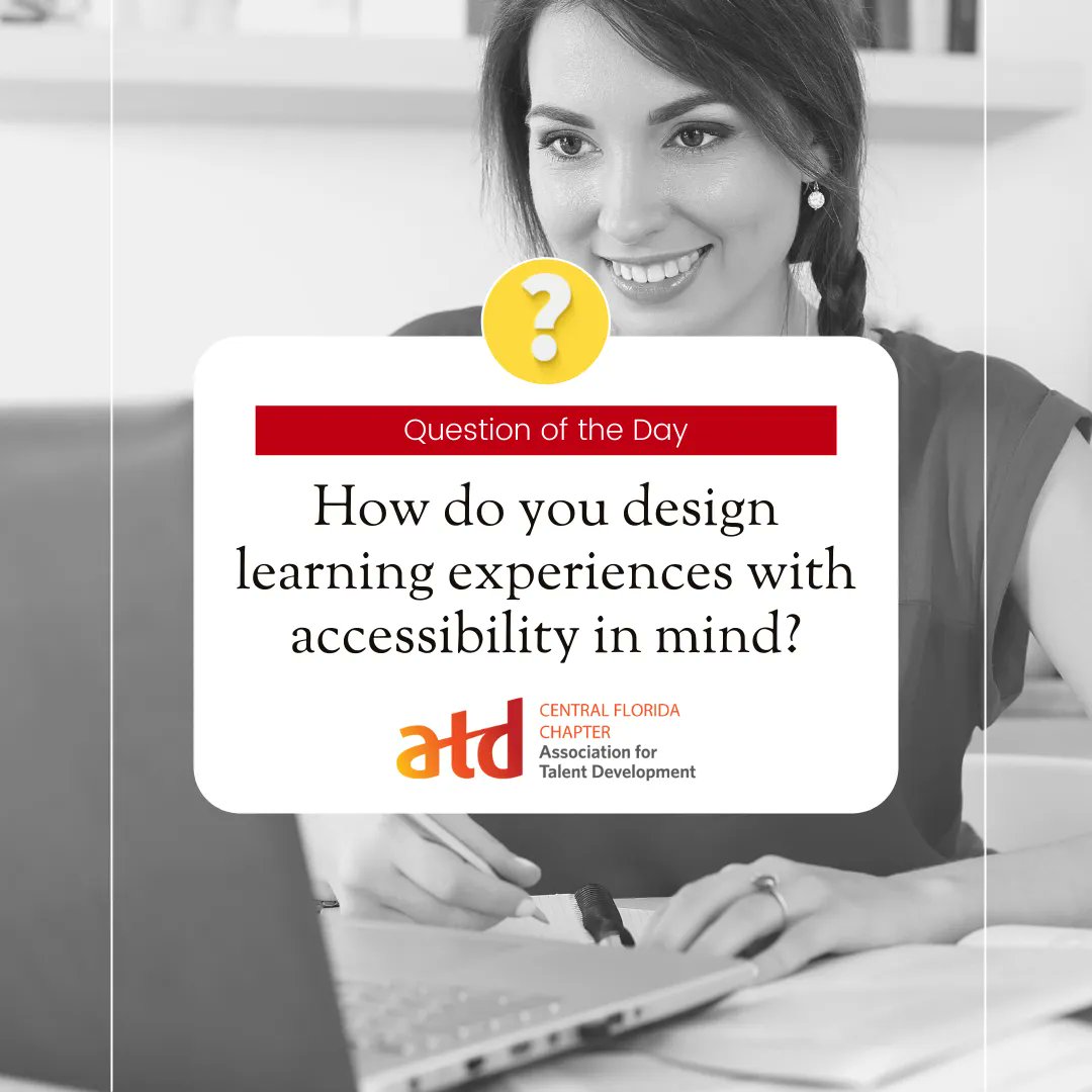 How do you design learning with accessibility in mind? What strategies do you use when designing accessible learning content in either eLearning or instructor led? 
#learninganddevelopment #instructionaldesign #elearning #facilitation #Training #DEI #ATDCFL #accessibility