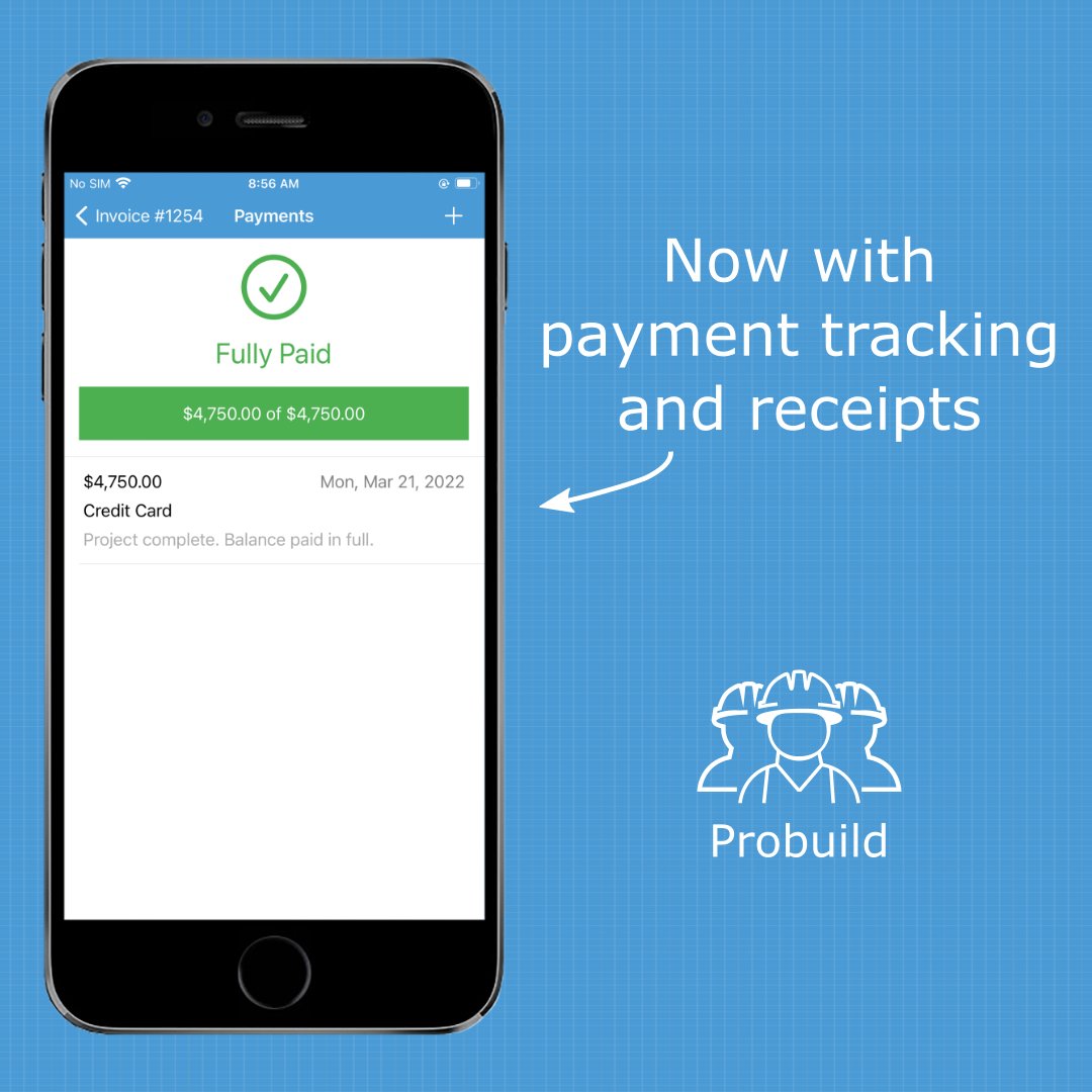 ProbuildApp's tweet image. New release: We’ve added the ability to track payments on invoices and generate receipts. We’ve also improved how #invoices and #estimates are shared with clients. Get the latest release for Android (bit.ly/3c3w2UT) or iOS (apple.co/2A7J5Hx) today. #contractors