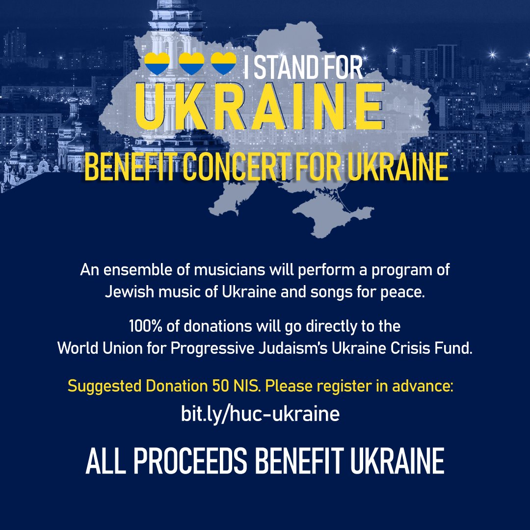 WUPJudaism's tweet photo. Join us and the @HUCJIR for a benefit concert for Ukraine.

An ensemble of musicians will perform a program of Ukrainian Jewish music and songs for peace.

100% of donations will go directly to the #WUPJUkraineCrisisFund. https://t.co/bLyejucx8H