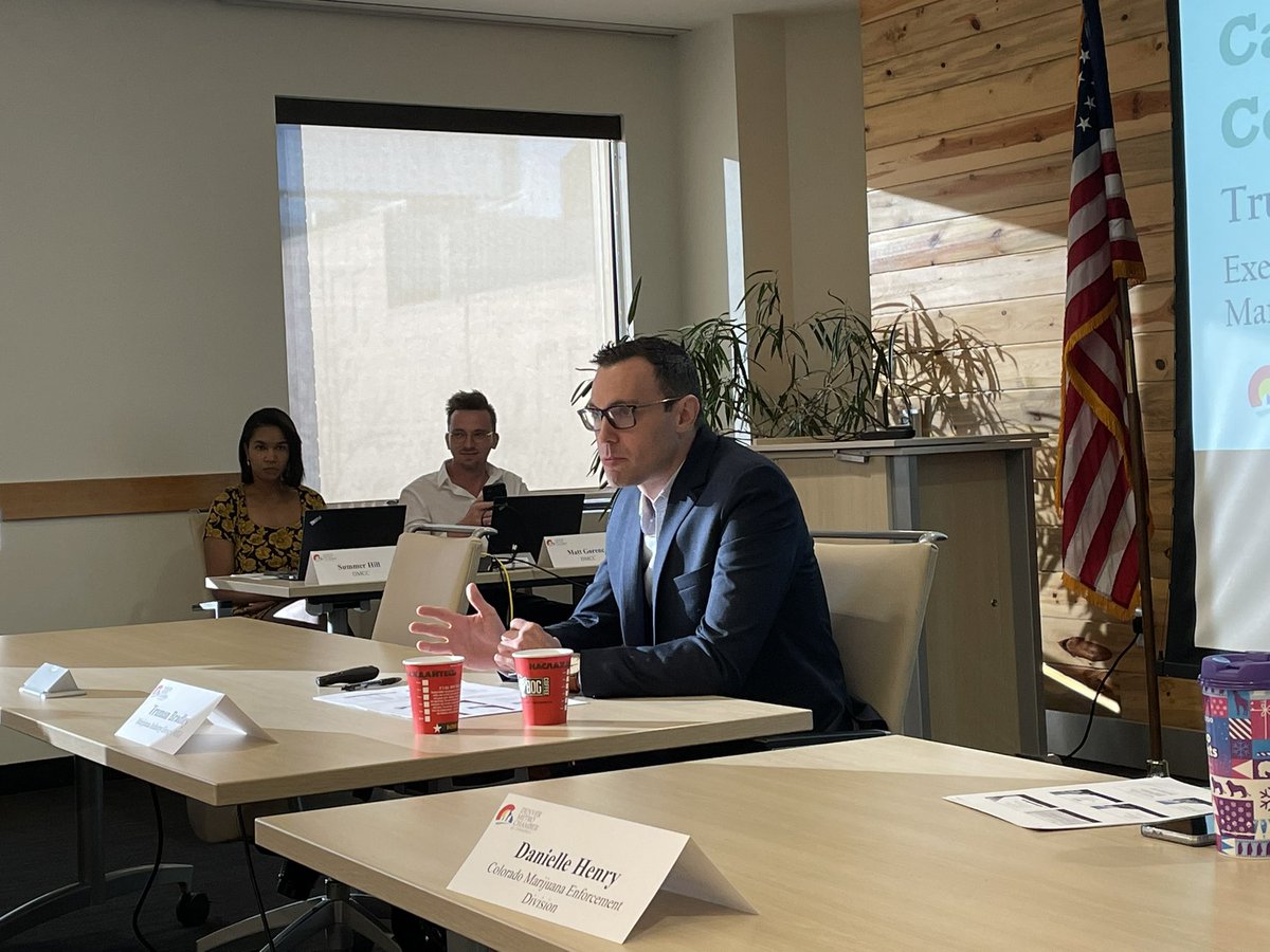 DenChamber's tweet photo. Our Public Affairs council is hearing from Truman Bradley, executive director of @MJIndGroup this morning. He says that support for #Amendment64 has jumped 10% since 2017 to 71%, a huge jump in the political world! https://t.co/Q5v9bsIf01