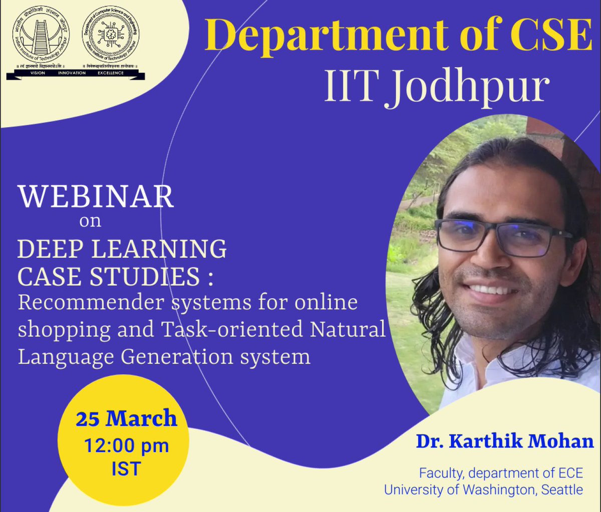 CSEIITJ1's tweet photo. Karthik Mohan (UW, Seattle) talk on Learning case-studies: Recommender systems for online shopping and Task-oriented Natural Language Generation system @ @iitjodhpur @CSEIITJ1  webinar

Noon (IST)
Mar 25, 2022
Subscribe @ https://t.co/ZIi6sPJrmo

#iitjodhpur #cseiitjodhpur #NLP https://t.co/M6rsf35us7