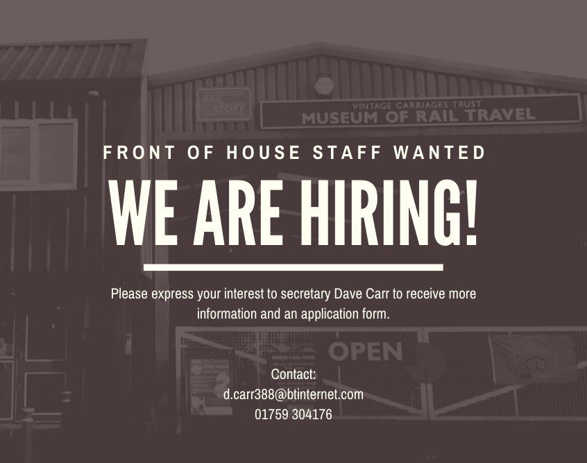 Vintage Carriages Trust (@vct_ingrow) on Twitter photo We are hiring a temporary, part-time member of staff (front of house), to work on Sundays & Mondays 09:30-17:00. Initially the appointment will run from April to the end of October, 2022.
Expressions of interest to be made to Dave Carr: d.carr388@btinternet.com by Monday 4 April. We are hiring a temporary, part-time member of staff (front of house), to work on Sundays & Mondays 09:30-17:00. Initially the appointment will run from April to the end of October, 2022.
Expressions of interest to be made to Dave Carr: d.carr388@btinternet.com by Monday 4 April.