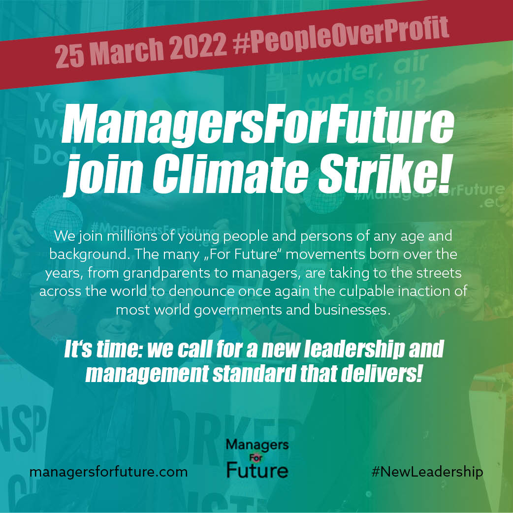 Managers4Future's tweet image. #ManagersForFuture are gathering today to discuss the development of our movement.

Tomorrow, we join the global #ClimateStrike to underline the responsibility and role of leaders and managers in government and biz for delivering on our sustainability and climate objectives.