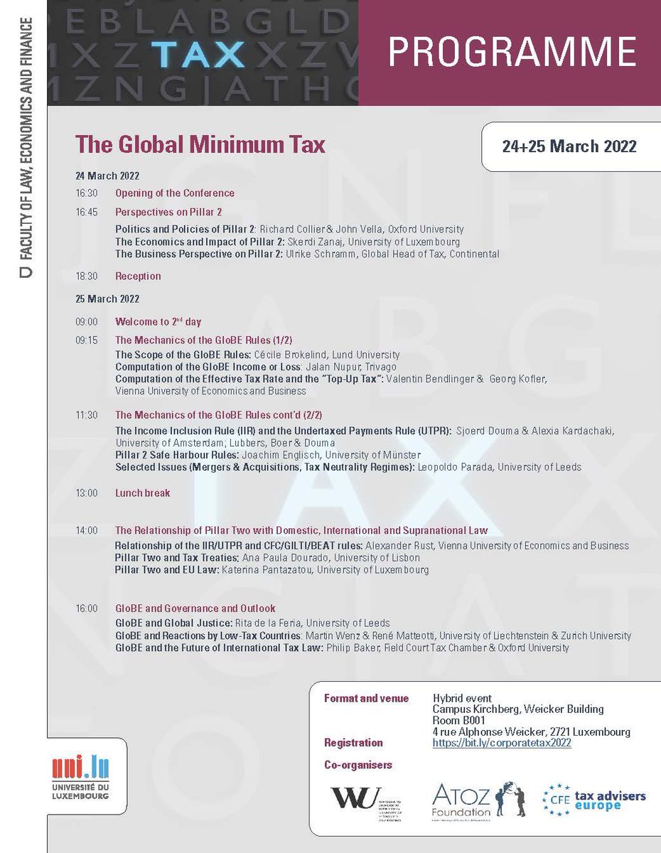 Excited about our conference on #GlobalMinimumTax #Pillar2 today and tomorrow! Amazing group of expert speakers discussing content, meaning and consequences of a new international tax standard off- and online at @uni_lu_FDEF