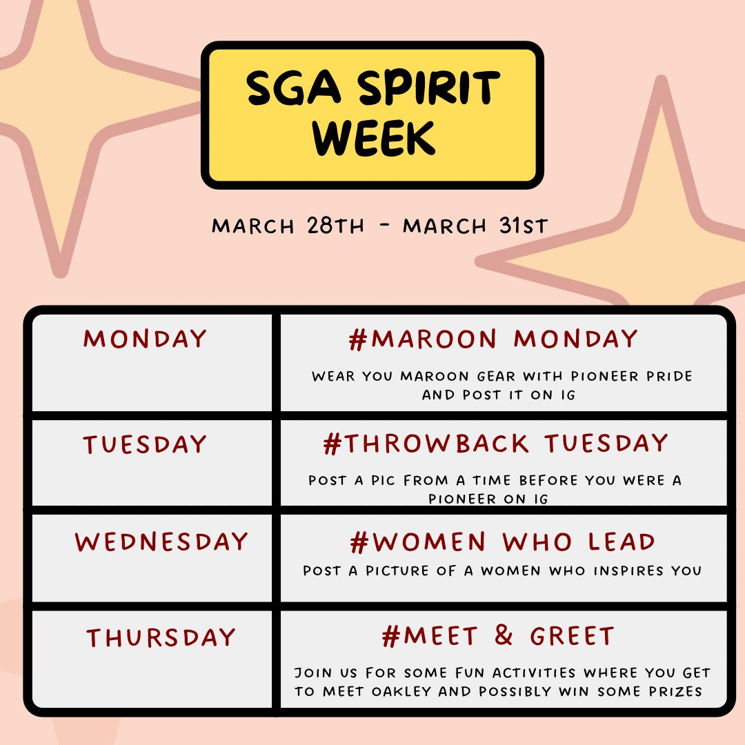 Join us next week virtually during our SGA spirit week. Each day you are able to post a pic and tag us. A winner will be chosen and will receive a prize. #twusga