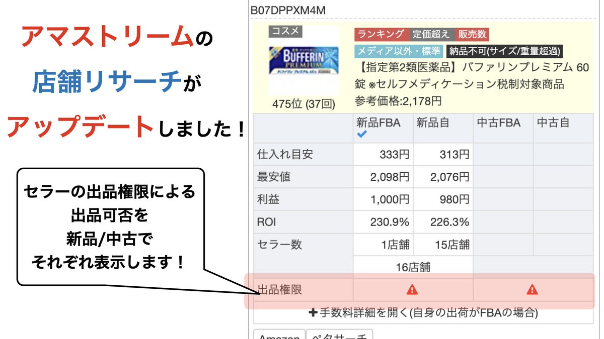 chantaku0903's tweet photo. 【アップデート情報】

アマストリームの店舗リサーチツール

商品をスキャンしただけで
セラーの出品権限による出品可否が
一発で表示されるようになりました！

わざわざ商品登録して試す必要なし！
圧倒的時短！

Chrome拡張機能にも搭載予定です^^

#Amazon
#せどり
#アマストリーム
#アップデート https://t.co/QkSdVreXyZ